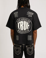 SS PRINT MESH STACKED LOGO TEE - JET BLACK