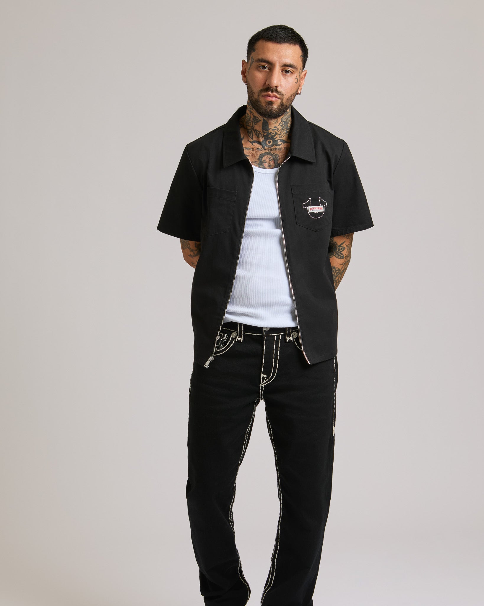 SS FULL ZIP BUDDHA SHIRT - BLACK