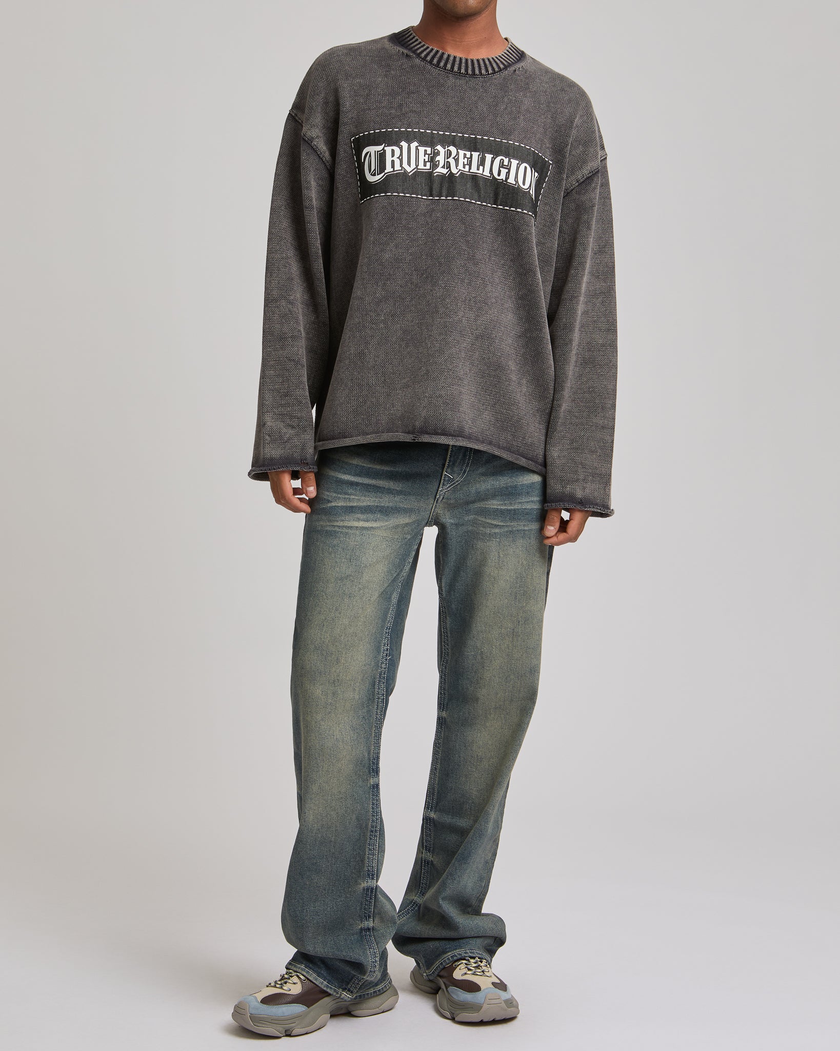 DENIM APPLIQUE WASHED SWEATER - JET BLACK