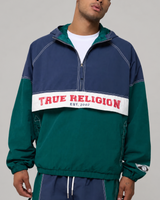 COLOR BLOCK BIG T NYLON ANORAK - RAIN FOREST / DRESS BLUE
