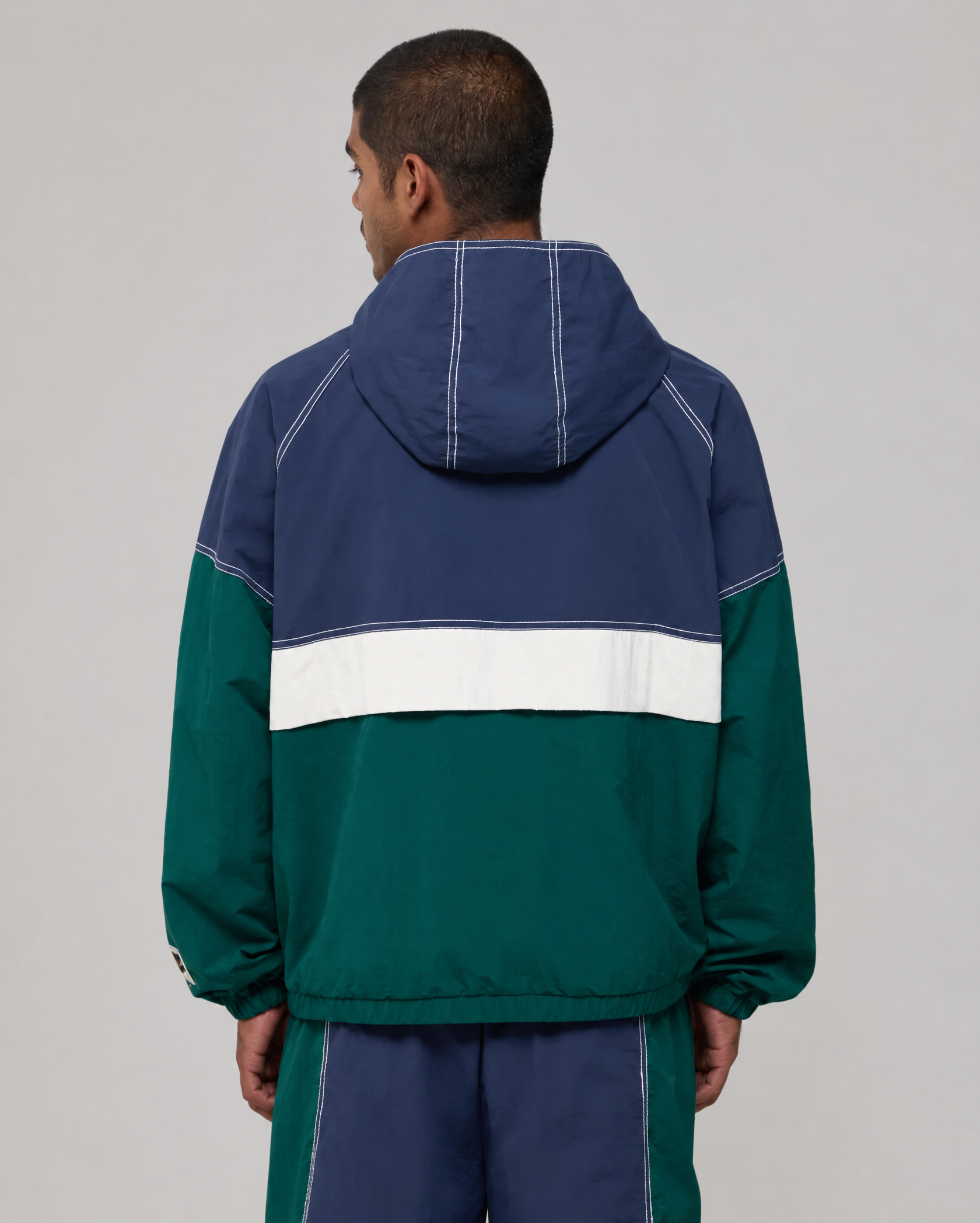 COLOR BLOCK BIG T NYLON ANORAK - RAIN FOREST / DRESS BLUE