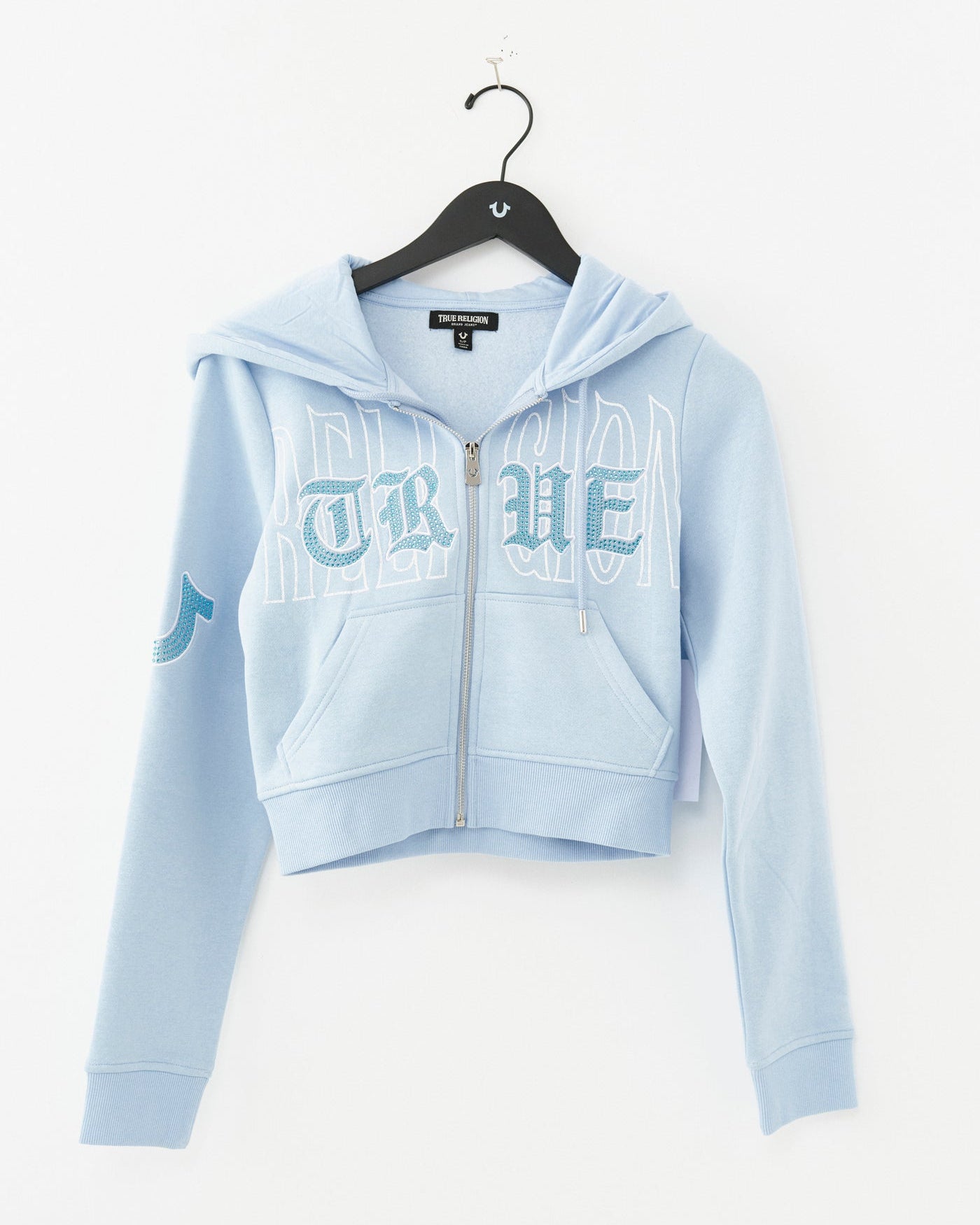 EMBROIDERED SHRUNKN ZIP HOODIE - CASHMERE BLUE