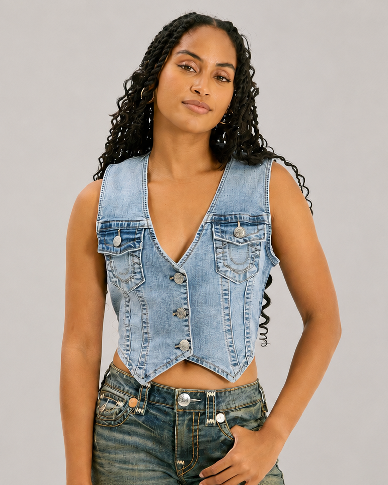 CRYSTAL WING  DENIM VEST - SUGAR SWIRL