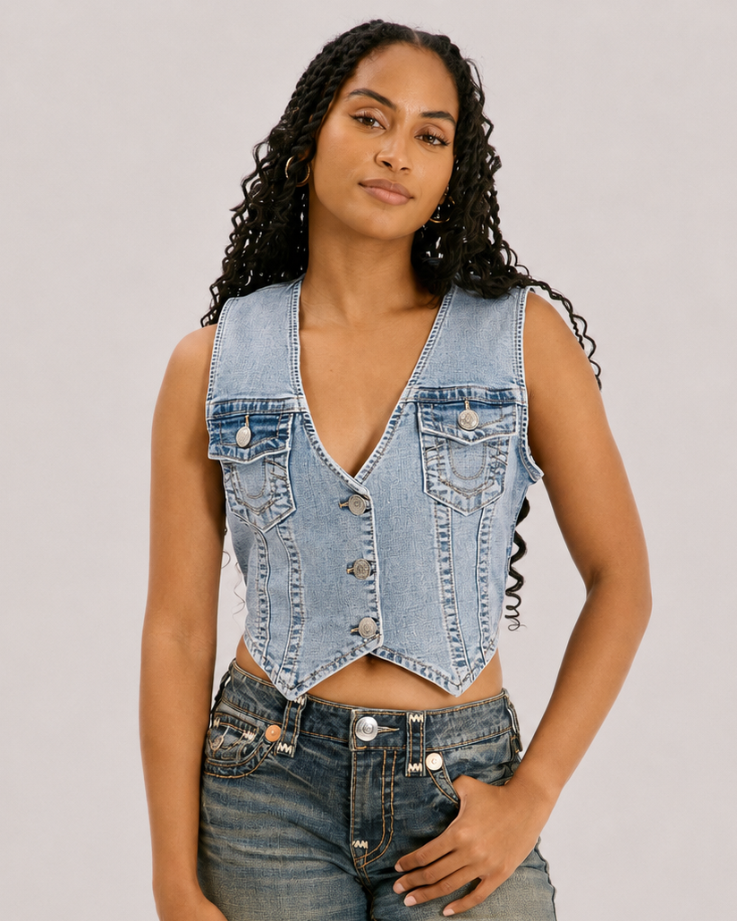 CRYSTAL WING  DENIM VEST - SUGAR SWIRL