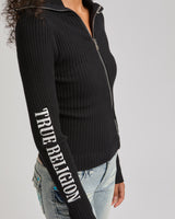 EMBROIDERED ASYM ZIP SWEATER - JET BLACK