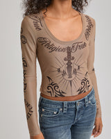 SCOOP NECK TATTOO LS TOP - SILVER MINK